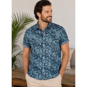 Signature Studio Mens Blue Paisley Short Sleeve Button Down Shirt Size M Preppy